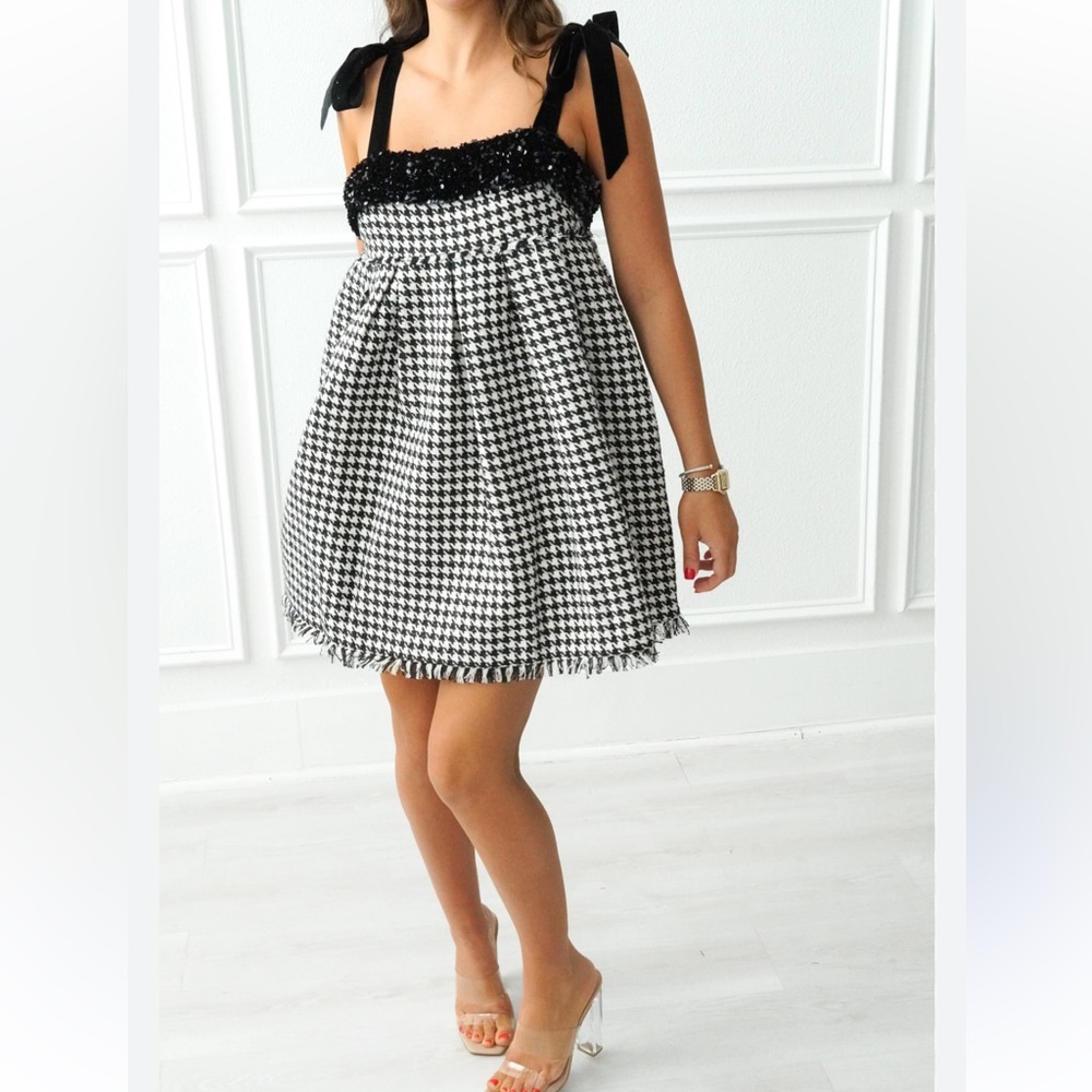 Sofie The Label Black & White Houndstooth Tweed Sequin Velvet Mini Dress Size S